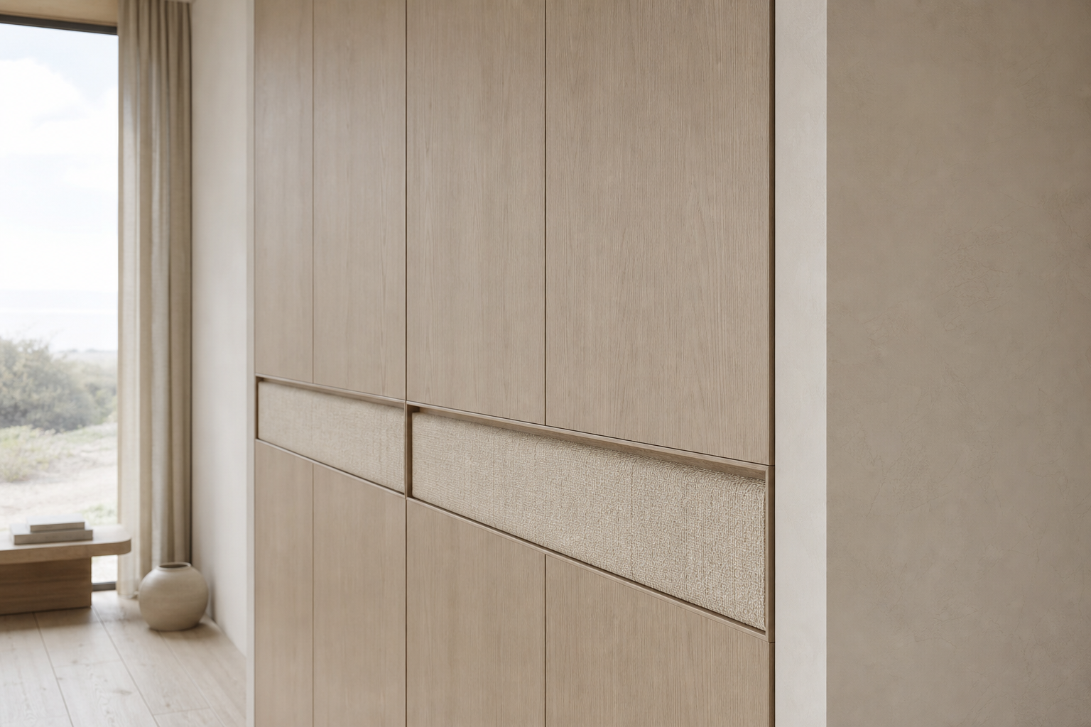 Fadior Radiance Wardrobe Suite with Linen Handle Reveal Wall — close-up of stainless steel finish and hardware detail