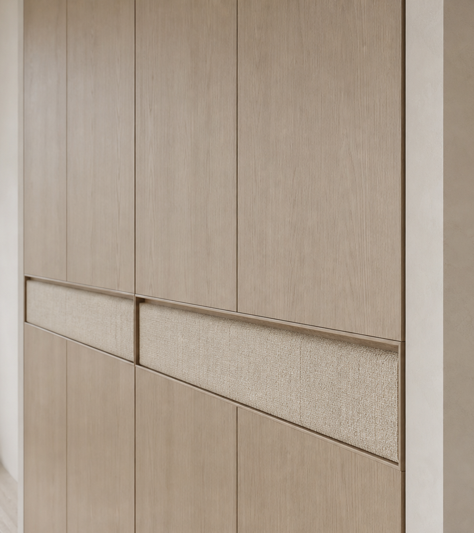 Fadior Radiance Wardrobe Suite with Linen Handle Reveal Wall — close-up of stainless steel finish and hardware detail