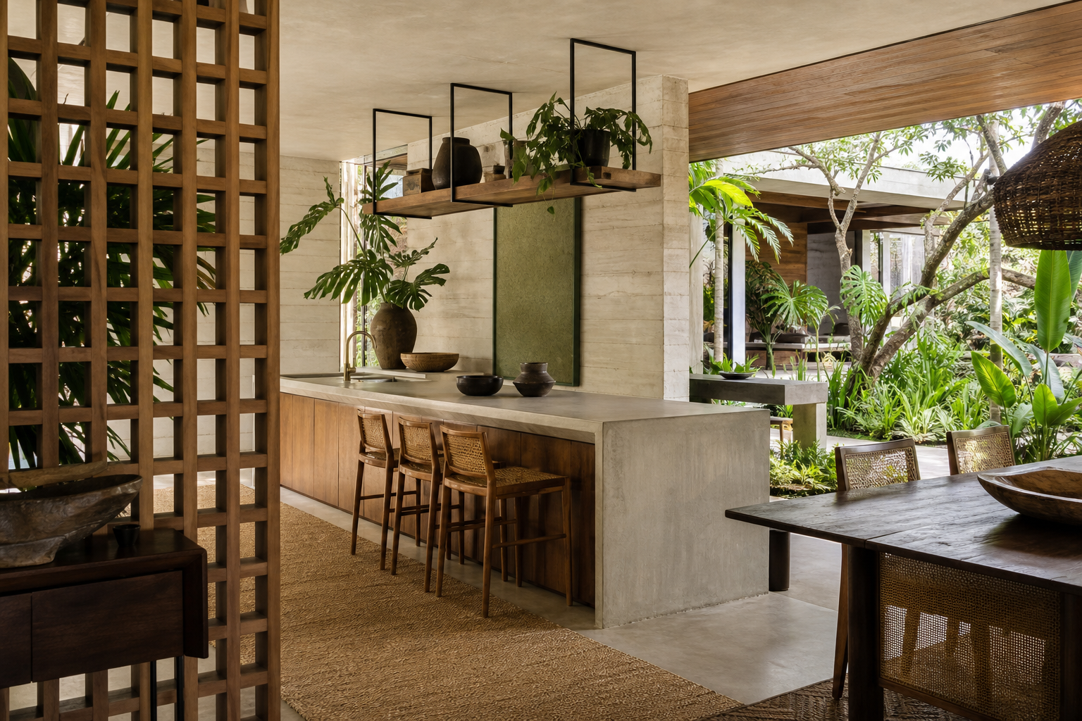 Kitchen atmosphere with jungle green accents and tropical hardwood for tactile surface planning. — 304 stainless steel cabinetry editorial by Fadior