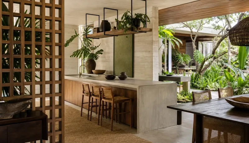 Kitchen atmosphere with jungle green accents and tropical hardwood for tactile surface planning. — 304 stainless steel cabinetry editorial by Fadior