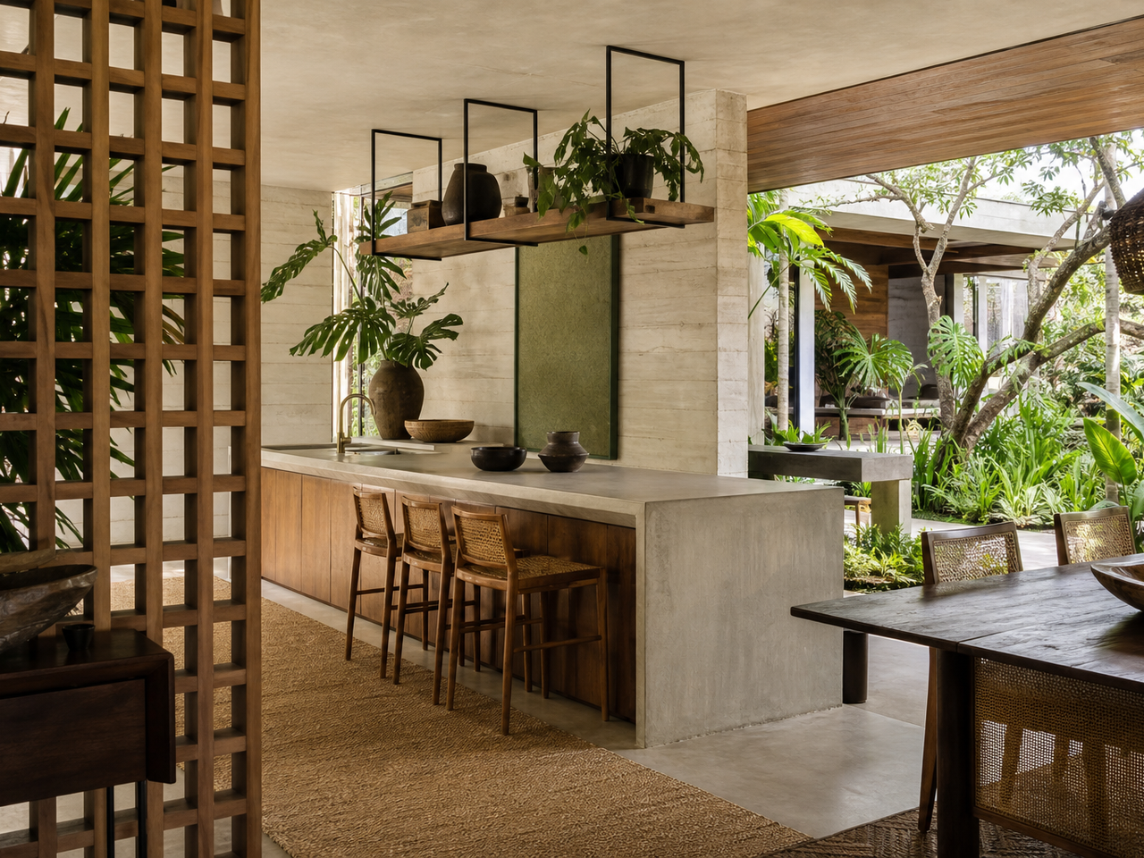 Kitchen atmosphere with jungle green accents and tropical hardwood for tactile surface planning. — 304 stainless steel cabinetry editorial by Fadior