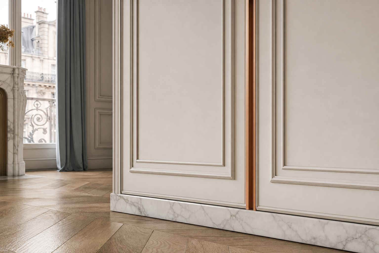 Fadior Elementum Wardrobe Suite with Bronze Pivot Dressing Niche — close-up of stainless steel finish and hardware detail