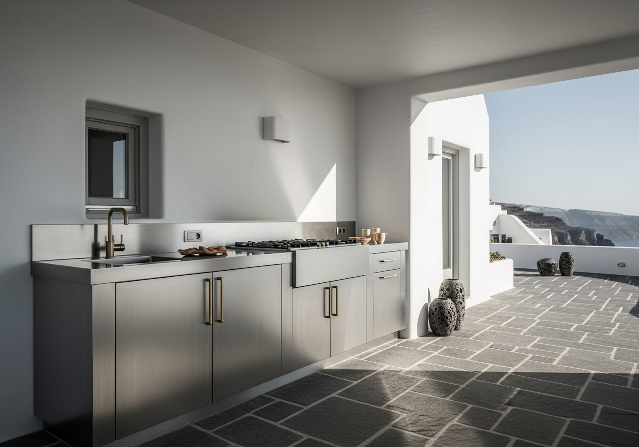 Fadior Oia Cliffside Villa — outdoor kitchen and terrace setting