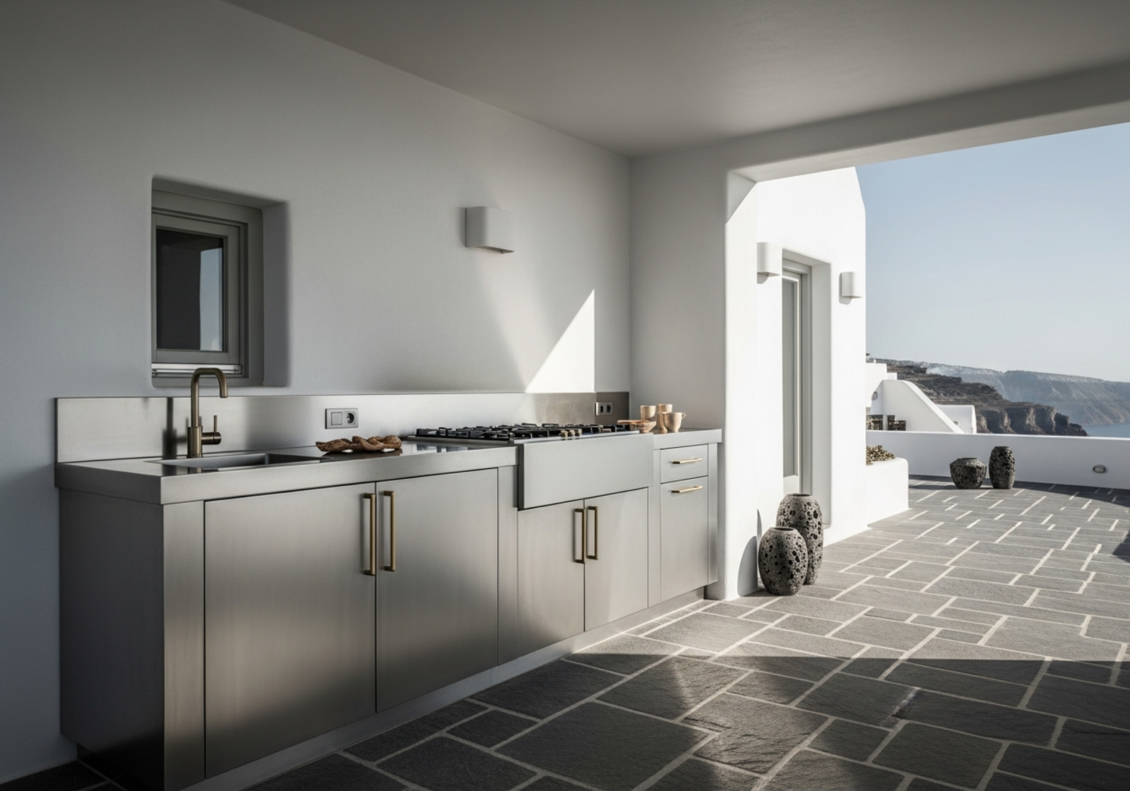Fadior Oia Cliffside Villa — outdoor kitchen and terrace setting