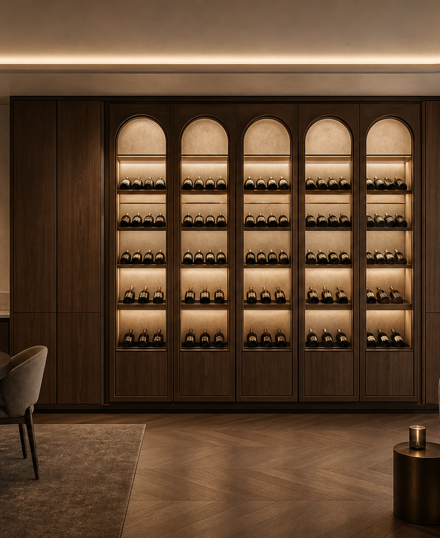Fadior Cru Wine Cabinet Suite with Arched Cellar Ribbon — 304 stainless steel wine cabinet system, front view