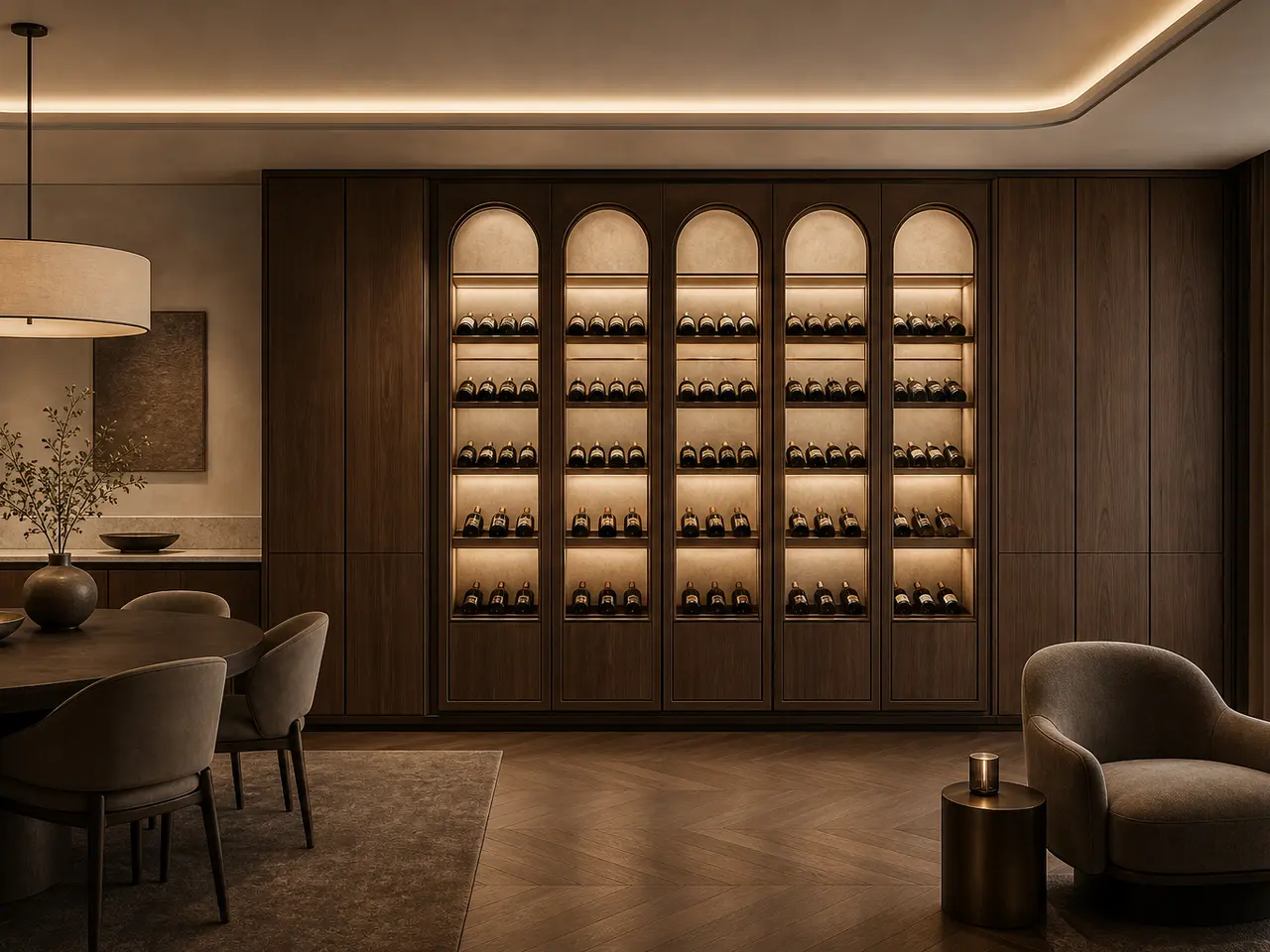 Fadior Cru Wine Cabinet Suite with Arched Cellar Ribbon - built-in stainless steel wine cabinet with bottle display, glass-front storage, lighting, and closed reserve storage