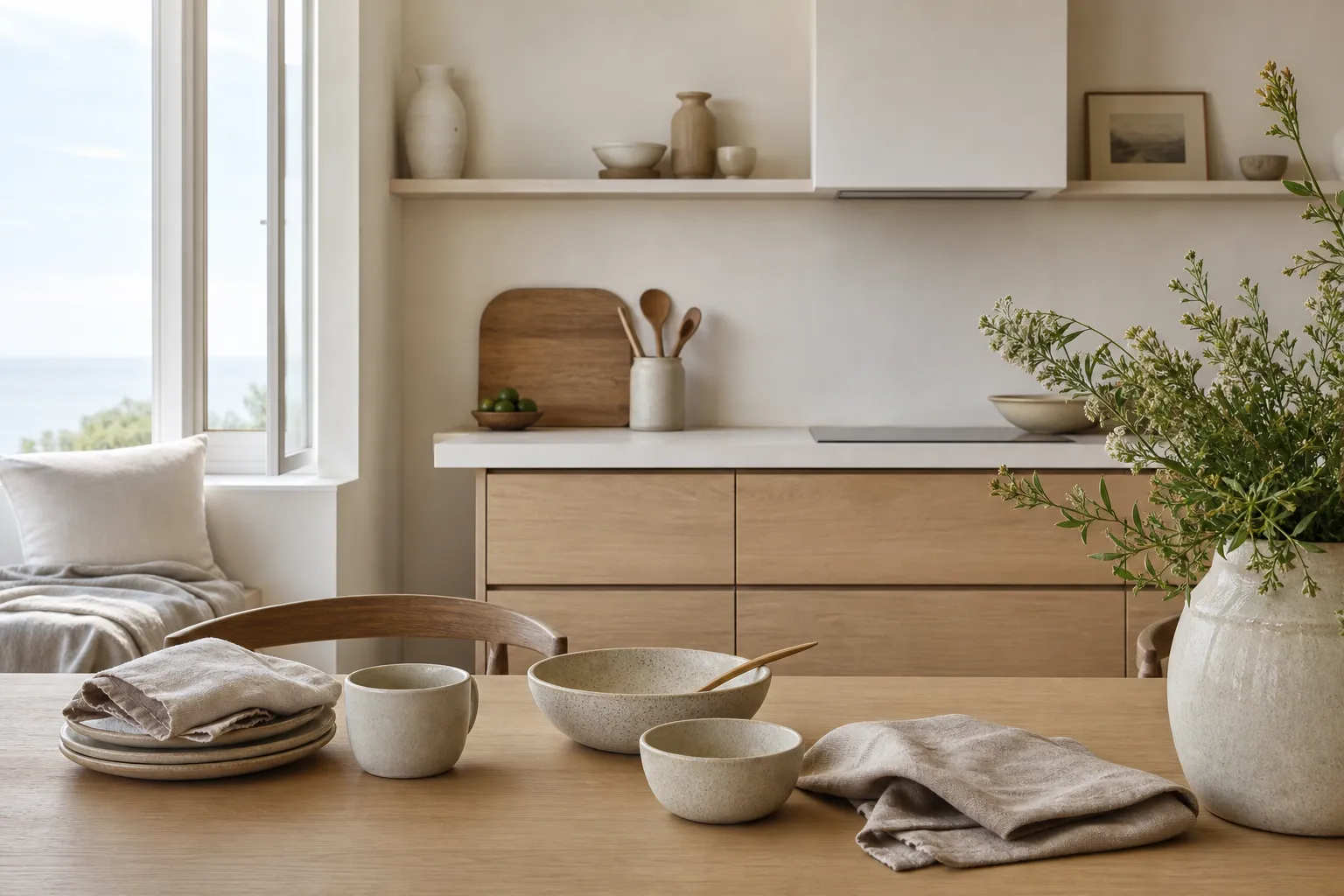 Lifestyle kitchen context with wool linen, oak veneer, and soft daylight showing calm daily use.