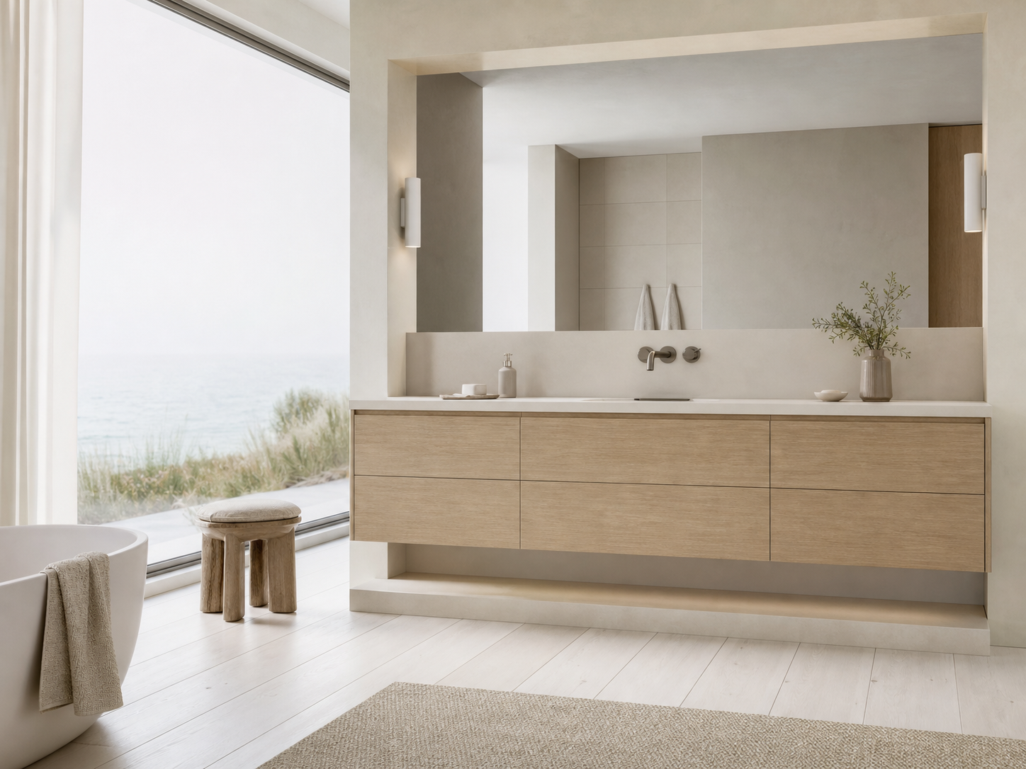 Fadior Nacre Bath and Vanity Suite with Oyster Skylight Wash Plinth — interior room context showing cabinet integration