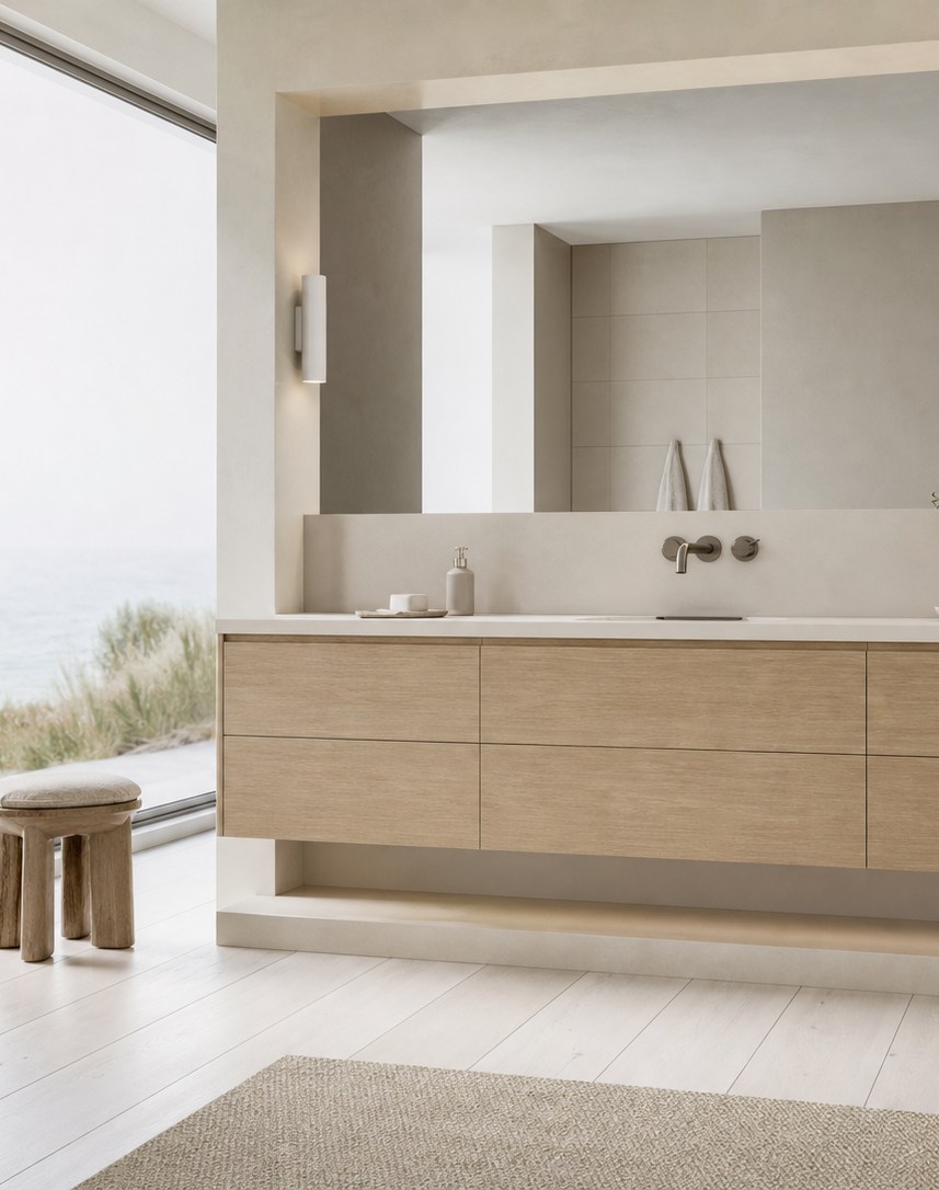 Fadior Nacre Bath and Vanity Suite with Oyster Skylight Wash Plinth — interior room context showing cabinet integration