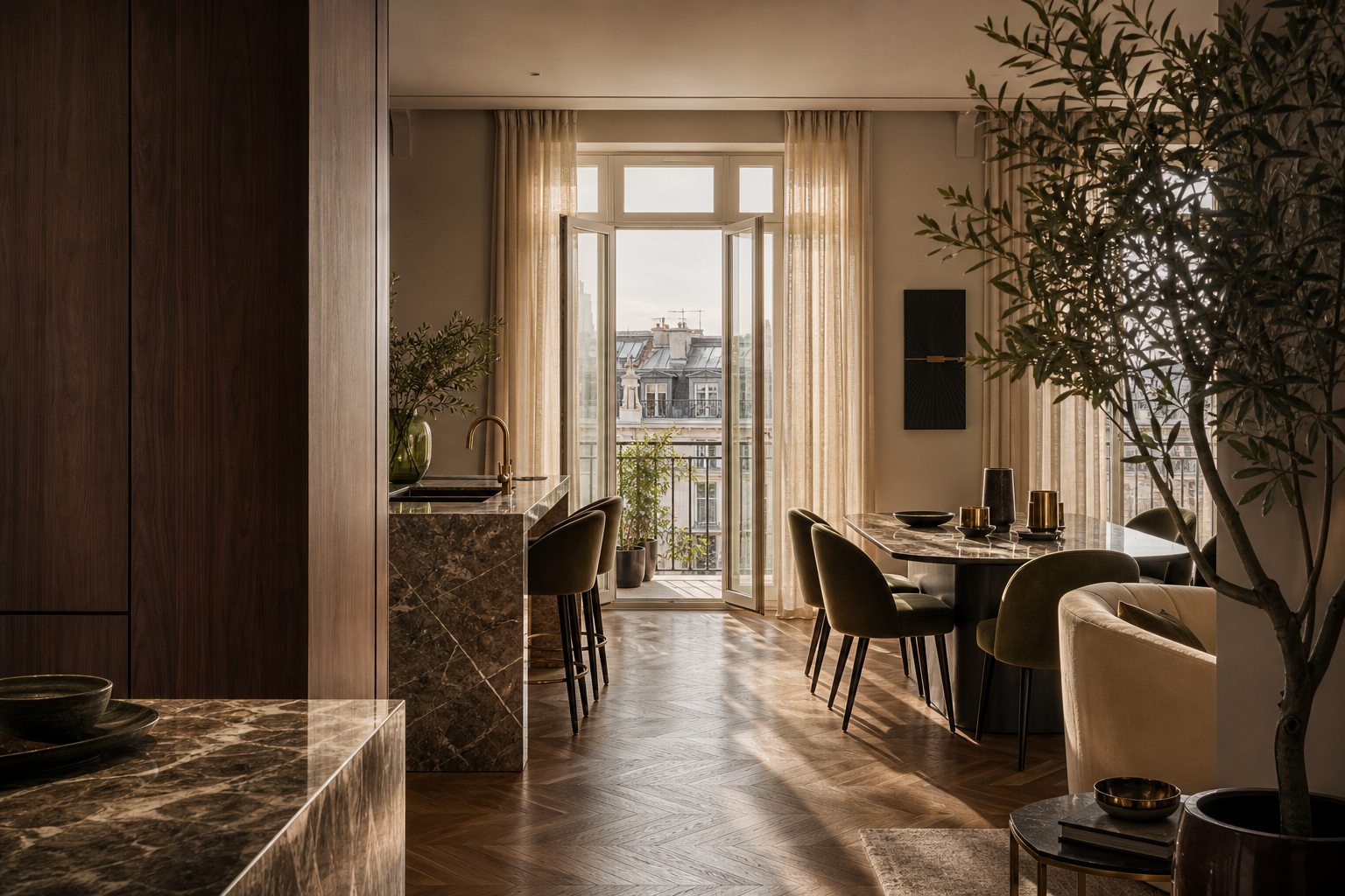 Fadior Milan 75 sqm Kitchen Penthouse - kitchen return, dining chairs, balcony doors, olive tree