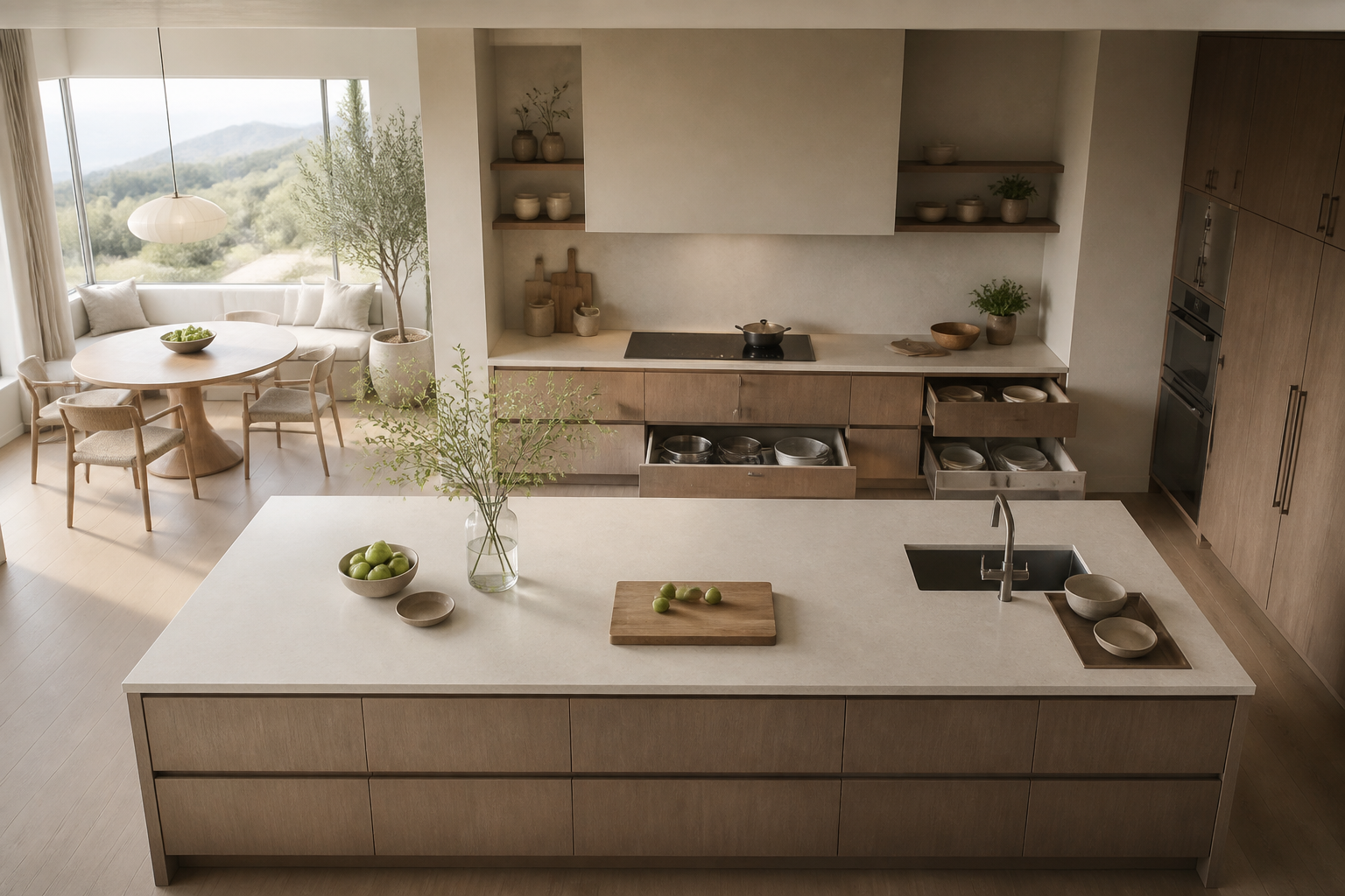 Modern kitchen organized into clear preparation, cooking, and cleanup zones