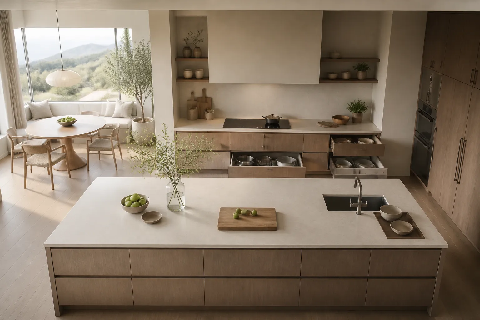 Modern kitchen organized into clear preparation, cooking, and cleanup zones
