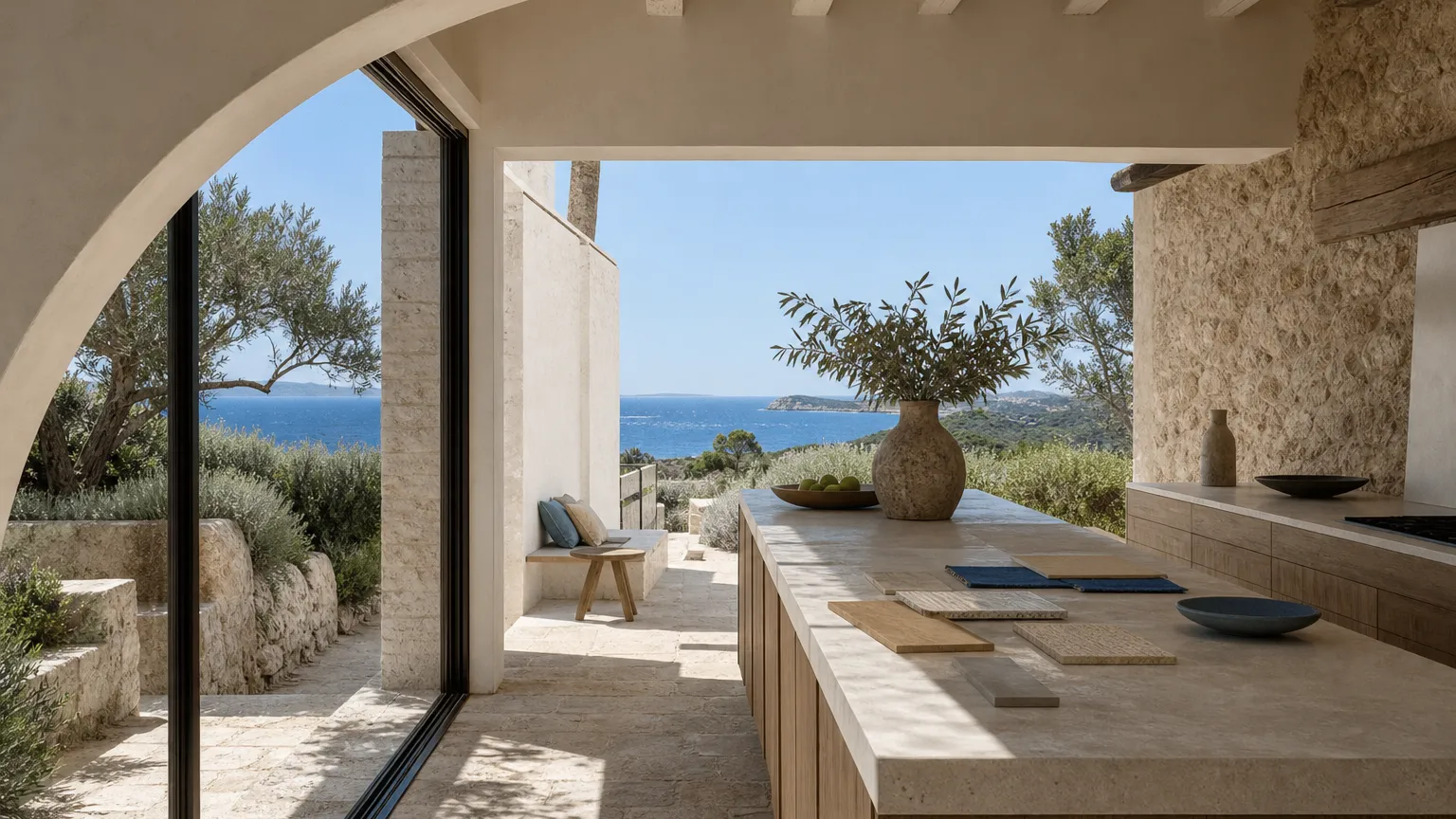 Mediterranean kitchen atmosphere with limestone tones and sea light for structural honesty planning.