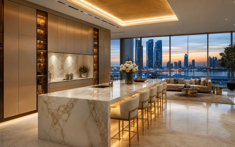 Fadior Abu Dhabi Skyline Penthouse — marble island, cabinet wall, skyline window, lounge — 304 stainless steel cabinetry installation by Fadior