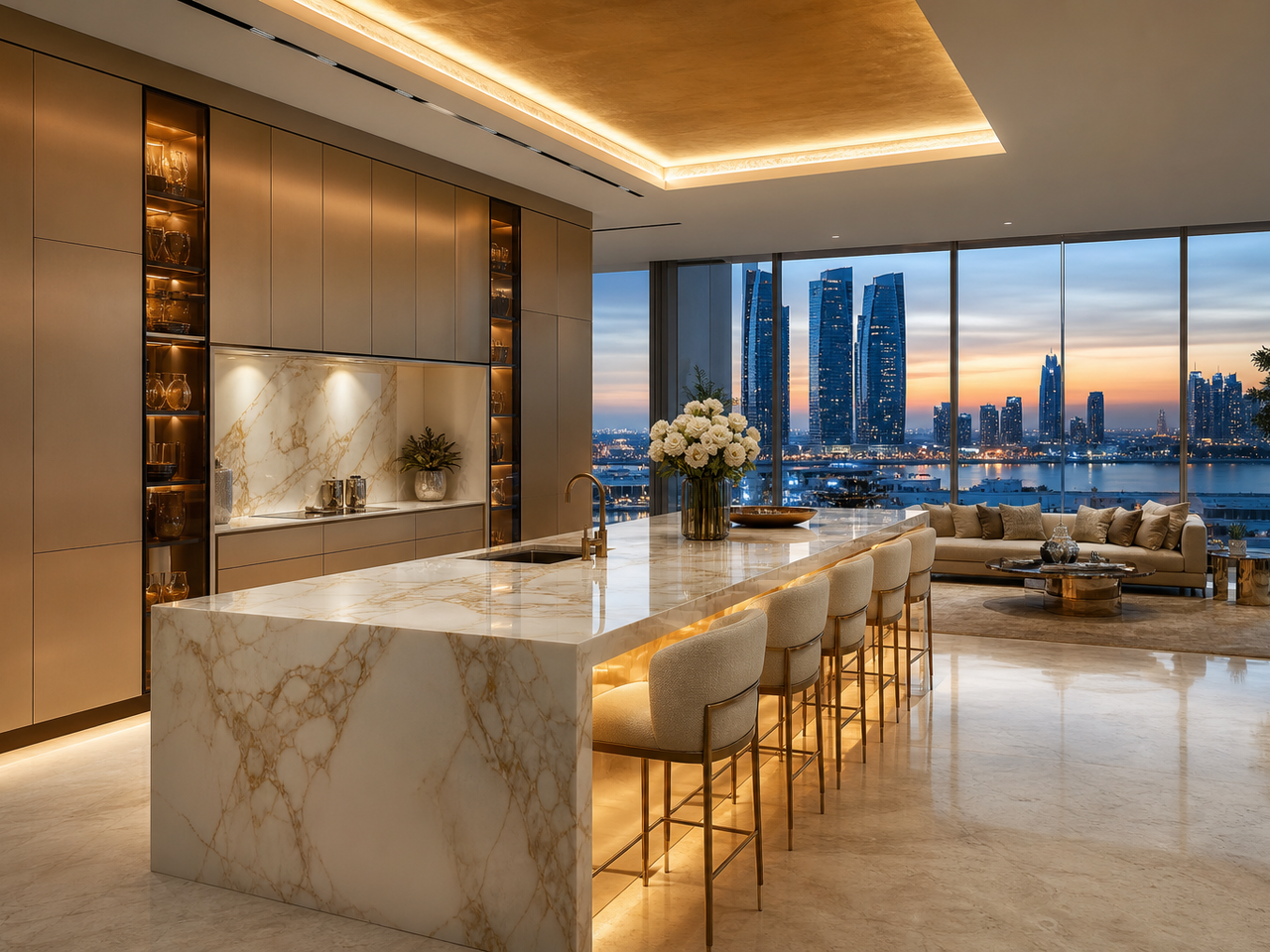 Fadior Abu Dhabi Skyline Penthouse — marble island, cabinet wall, skyline window, lounge — 304 stainless steel cabinetry installation by Fadior