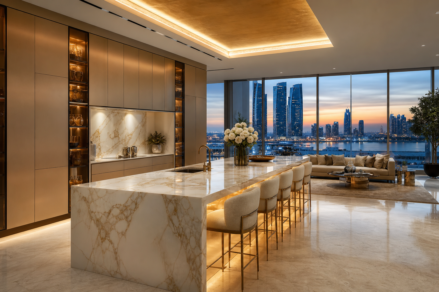 Fadior Abu Dhabi Skyline Penthouse — marble island, cabinet wall, skyline window, lounge