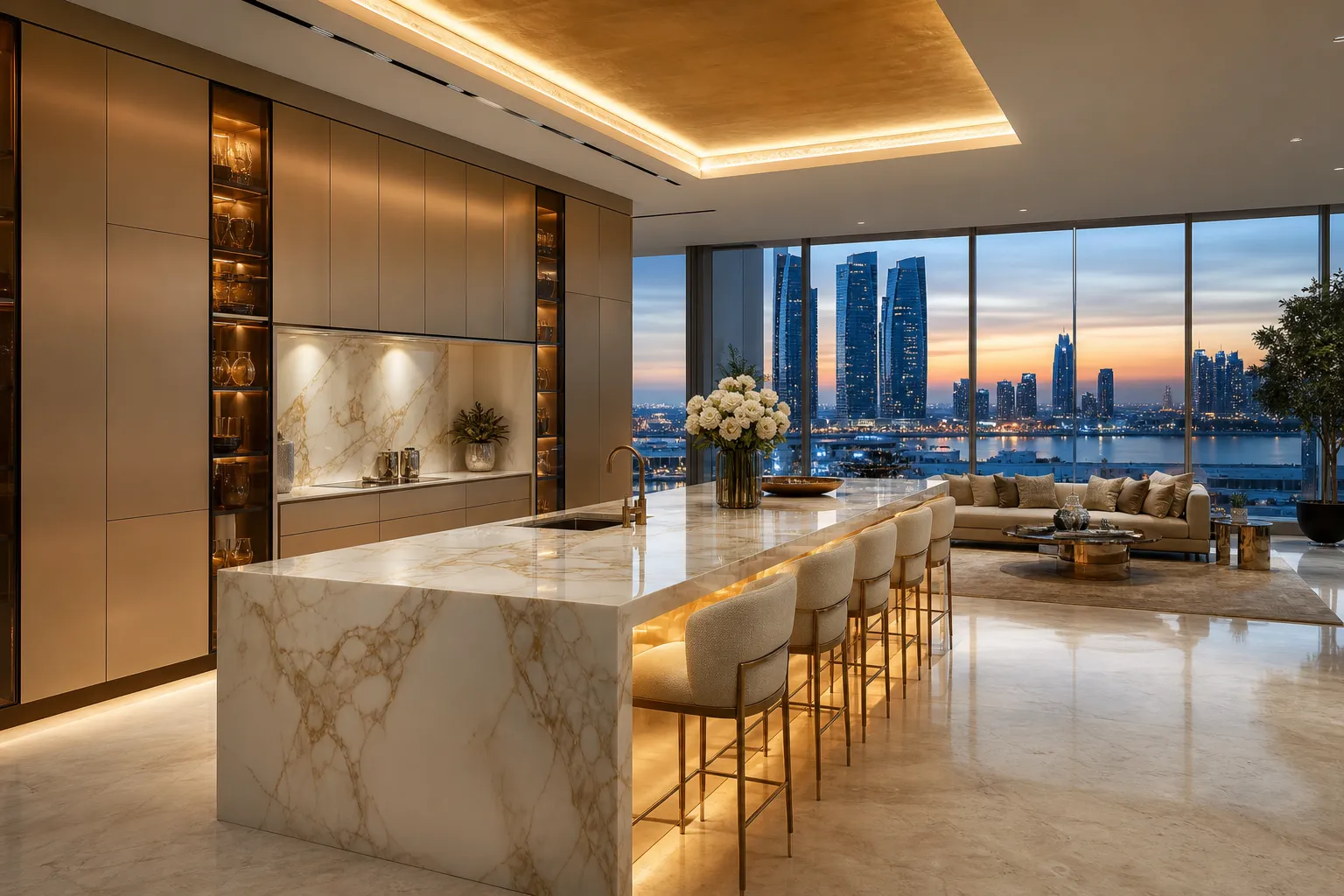 Fadior Abu Dhabi Skyline Penthouse — marble island, cabinet wall, skyline window, lounge