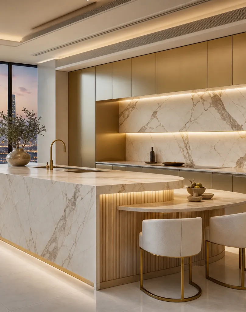 Suite de cocina Atelier con desayunador de piedra estriada perspectiva interior