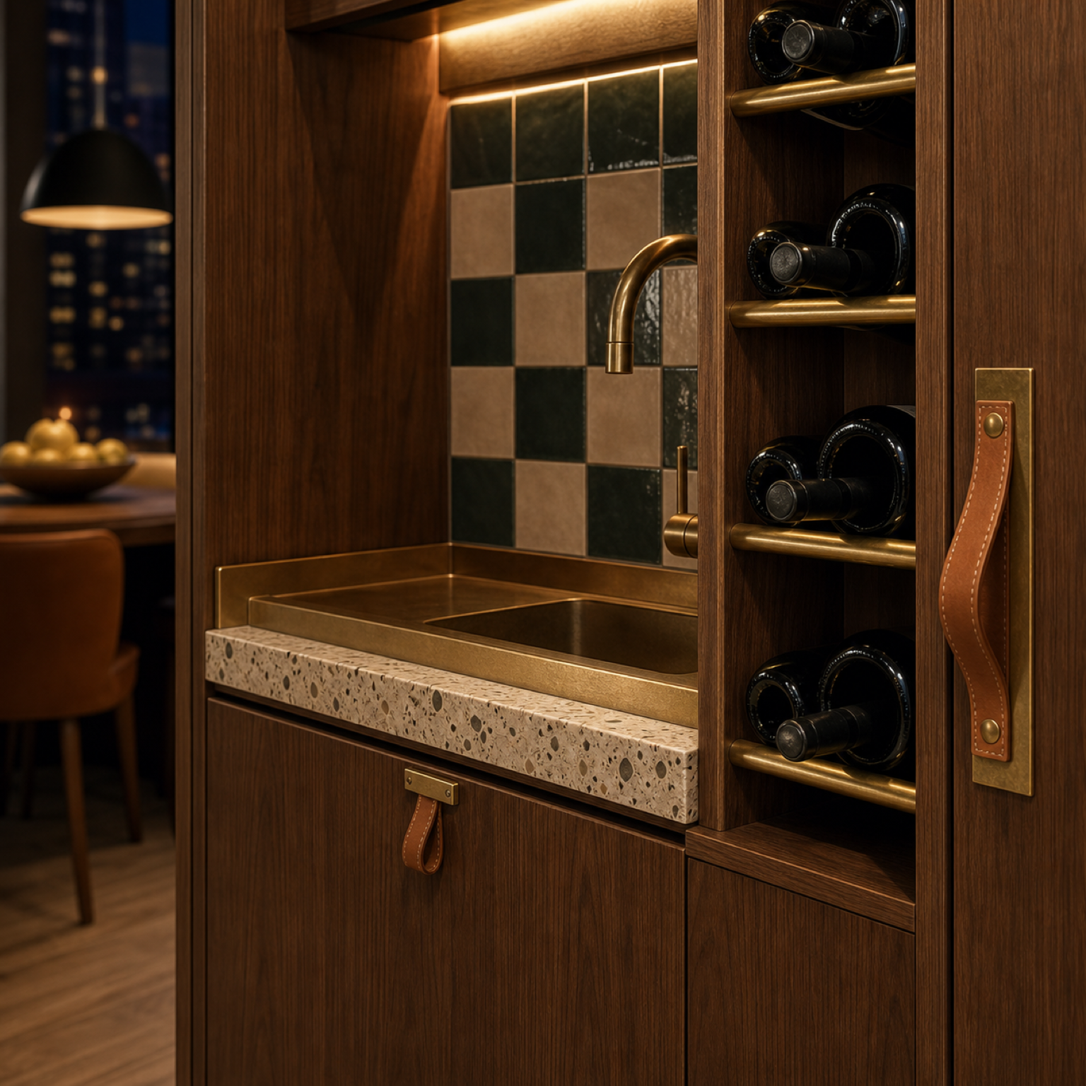 Fadior Gloria Wine Cabinet Suite with Prep Sink Bottle Niche — close-up of stainless steel finish and hardware detail