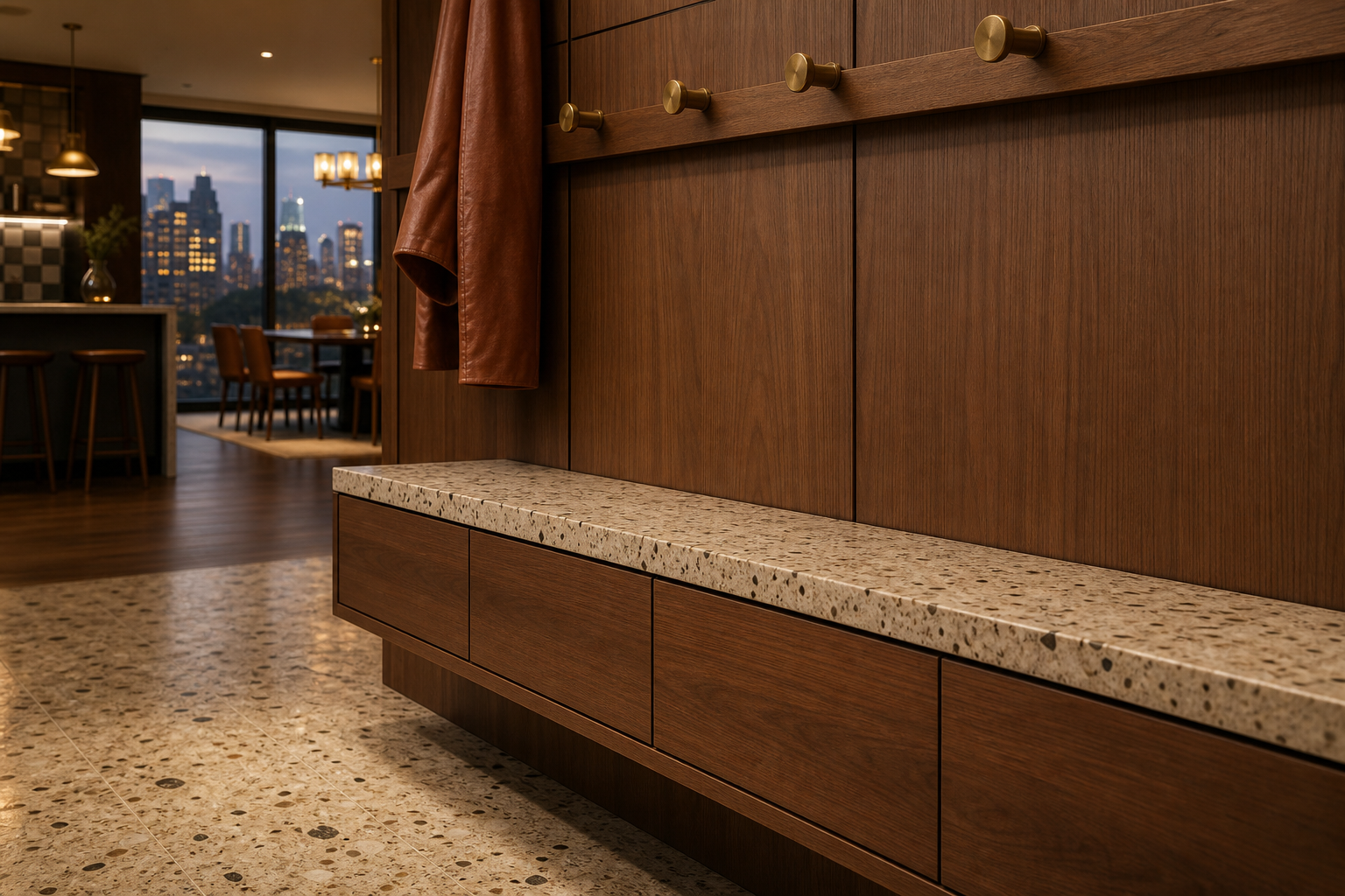 Fadior Loggia Entryway Suite with Floating Shoe Library Rail — close-up of stainless steel finish and hardware detail