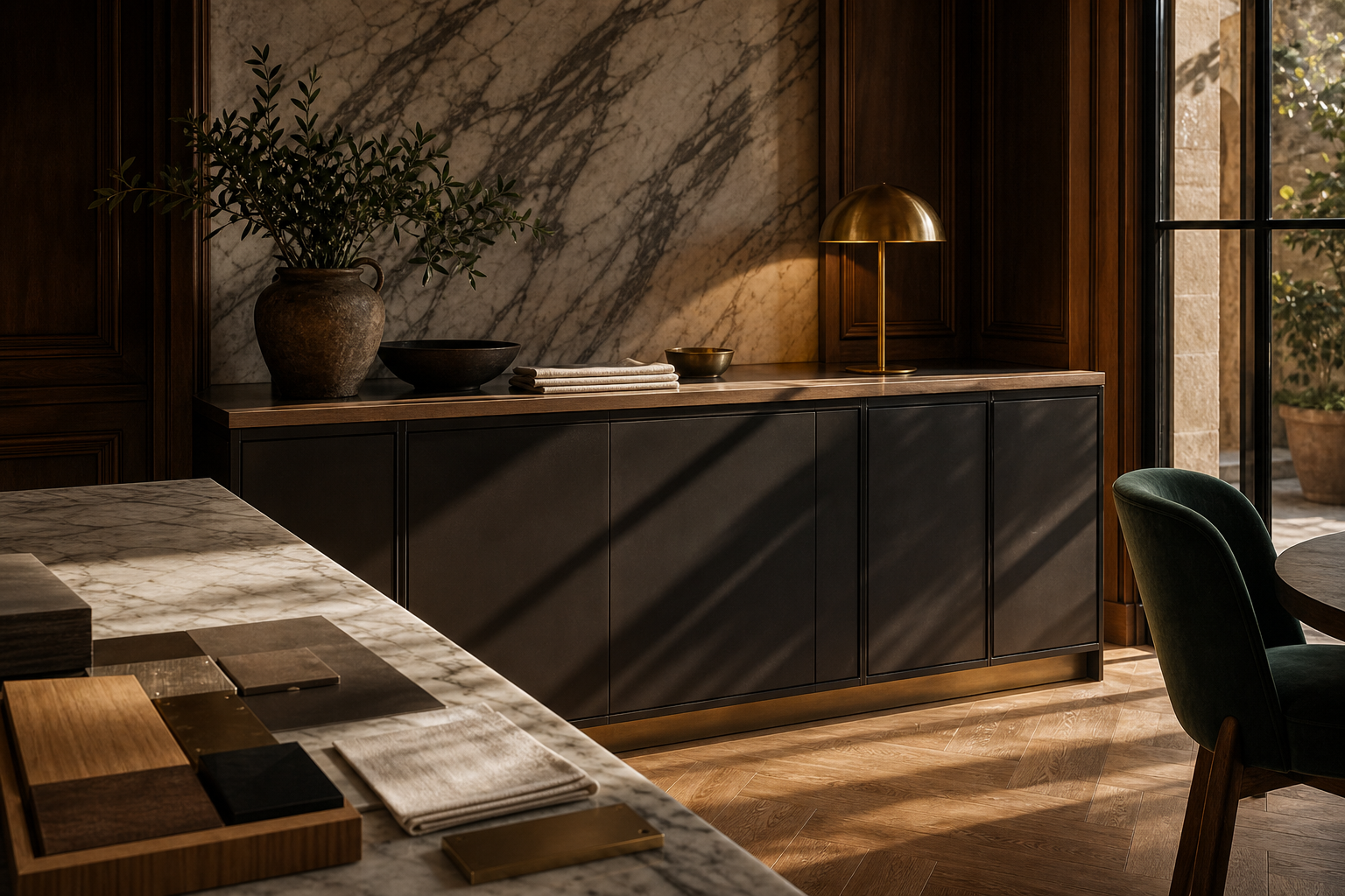 Fadior Siena Garden Courtyard Villa — Siena material study with marble slab, walnut sideboard, black cabinet doors, brass lamp, sample tray, oak parquet, stone window, and velvet chair