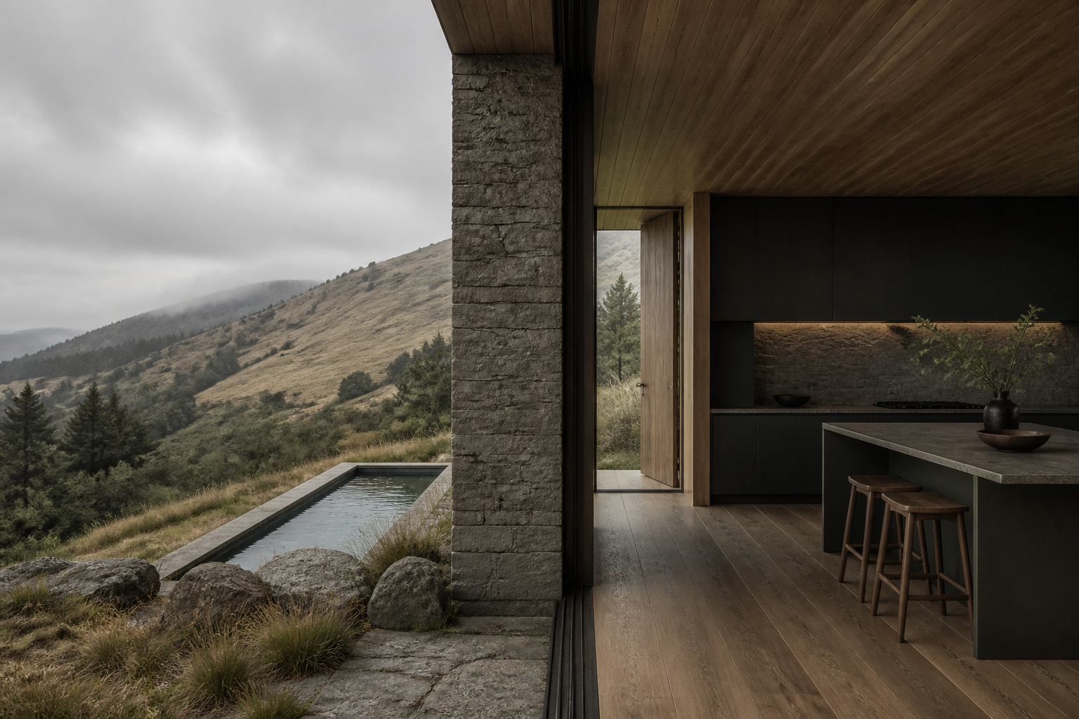 Material mood study of rough stone, cedar and oak for a ready-built cabinet scope comparison