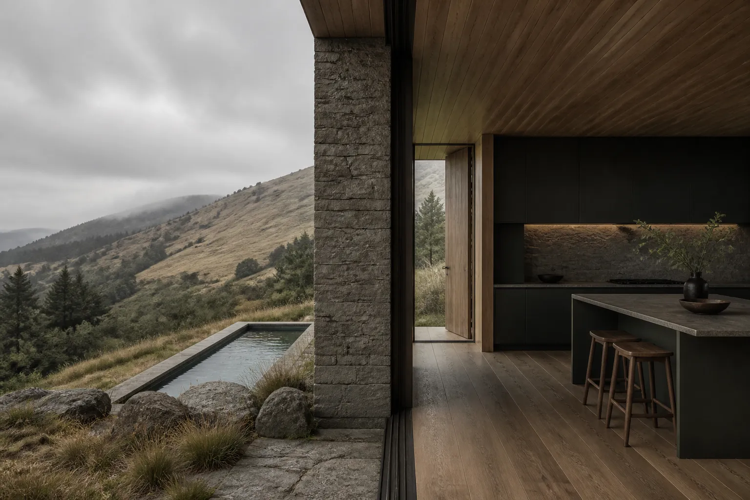Material mood study of rough stone, cedar and oak for a ready-built cabinet scope comparison