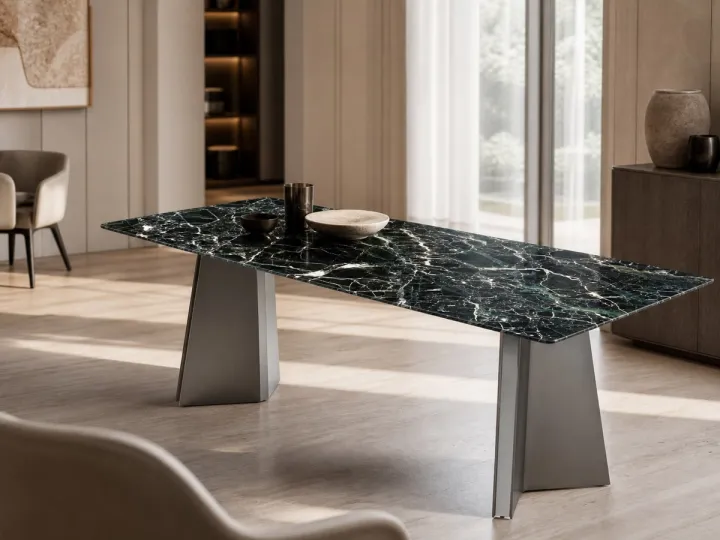 Mesa de comedor de mármol con base en cuña angulada 140×80 cm
