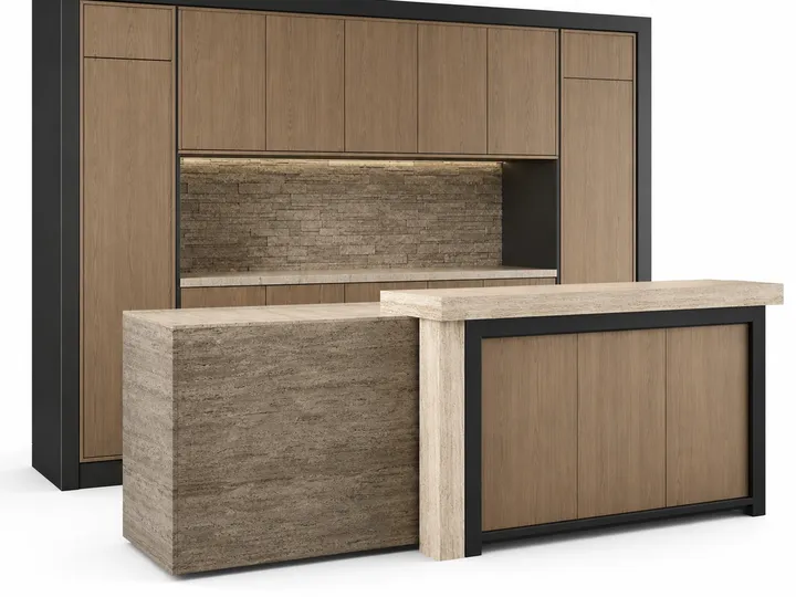 Fadior Riviera Kitchen Suite with Sunlit Travertine Pantry Bar — 304 stainless steel kitchen system, front view