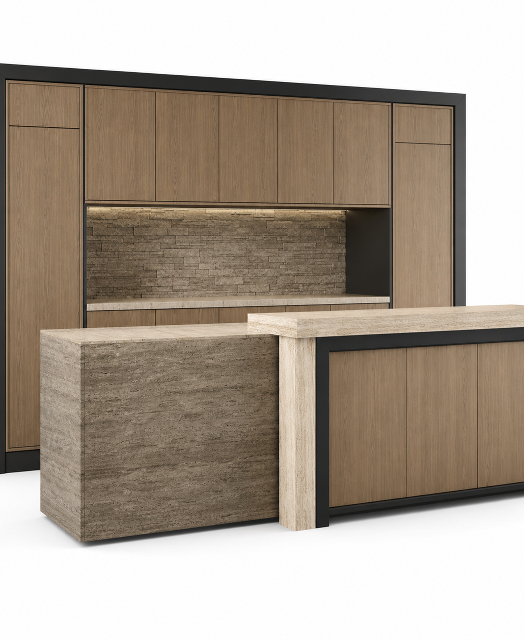 Fadior Riviera Kitchen Suite with Sunlit Travertine Pantry Bar — 304 stainless steel kitchen system, front view