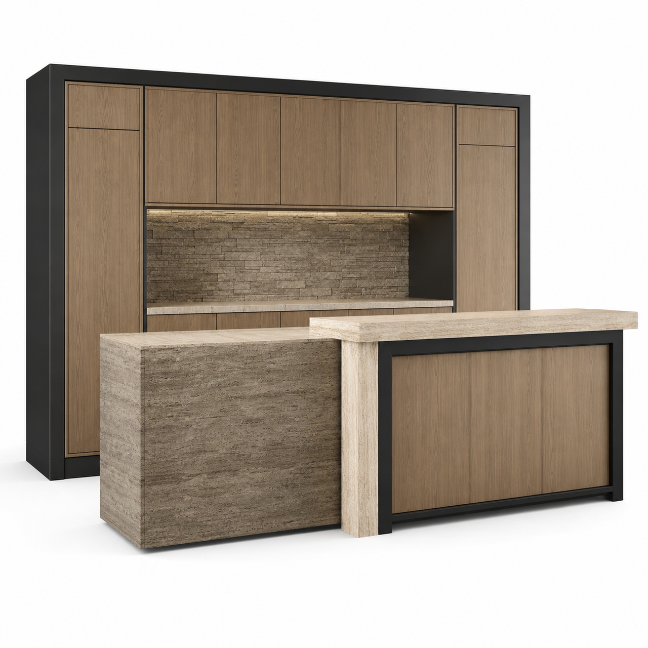 Fadior Riviera Kitchen Suite with Sunlit Travertine Pantry Bar — 304 stainless steel kitchen system, front view