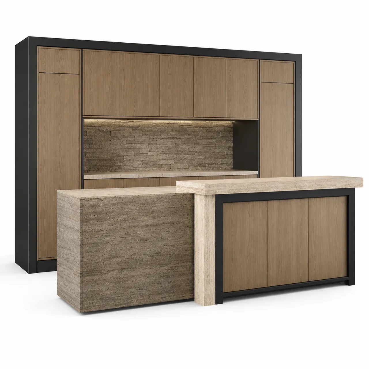 Fadior Riviera Kitchen Suite with Sunlit Travertine Pantry Bar — 304 stainless steel kitchen system, front view