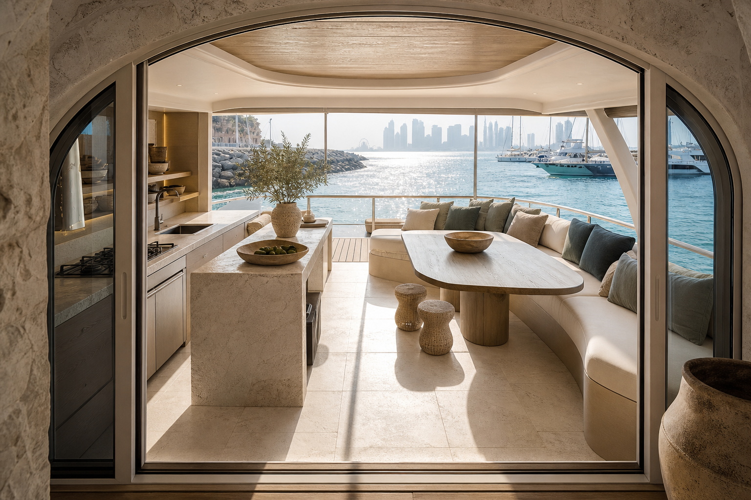 Fadior Dubai Marina Yacht Galley — Dubai yacht saloon with galley counter, dining table, curved sofa, deck rail, floor tile,