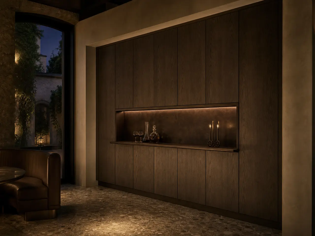 Fadior Grotto Wine Cabinet Suite with Smoked Oak Pouring Lounge - built-in stainless steel wine cabinet with bottle display, glass-front storage, lighting, and closed reserve storage