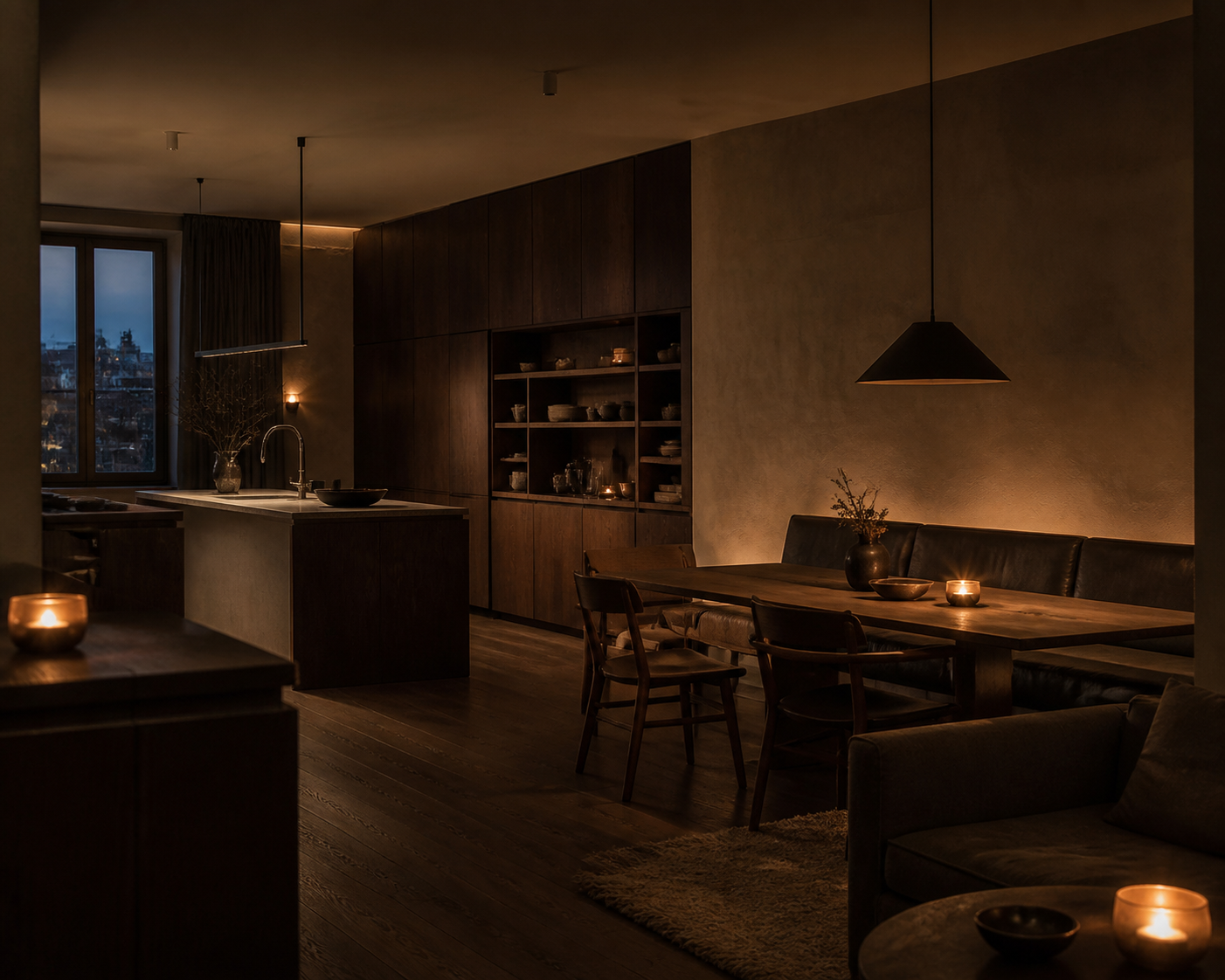 Fadior Copenhagen 140 sqm Kitchen Apartment — A kitchen island opens to a dining table, leather banquette, sofa,