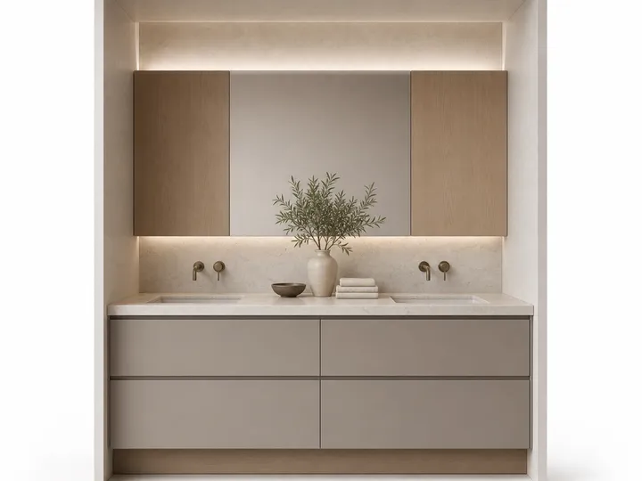 Fadior Verve Bath and Vanity Suite with Limewash Double Basin Alcove — 304 stainless steel bath and vanity system, front view