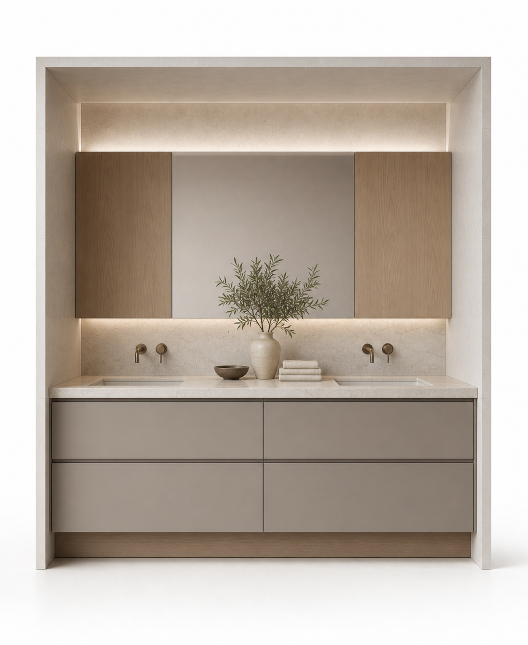 Fadior Verve Bath and Vanity Suite with Limewash Double Basin Alcove — 304 stainless steel bath and vanity system, front view