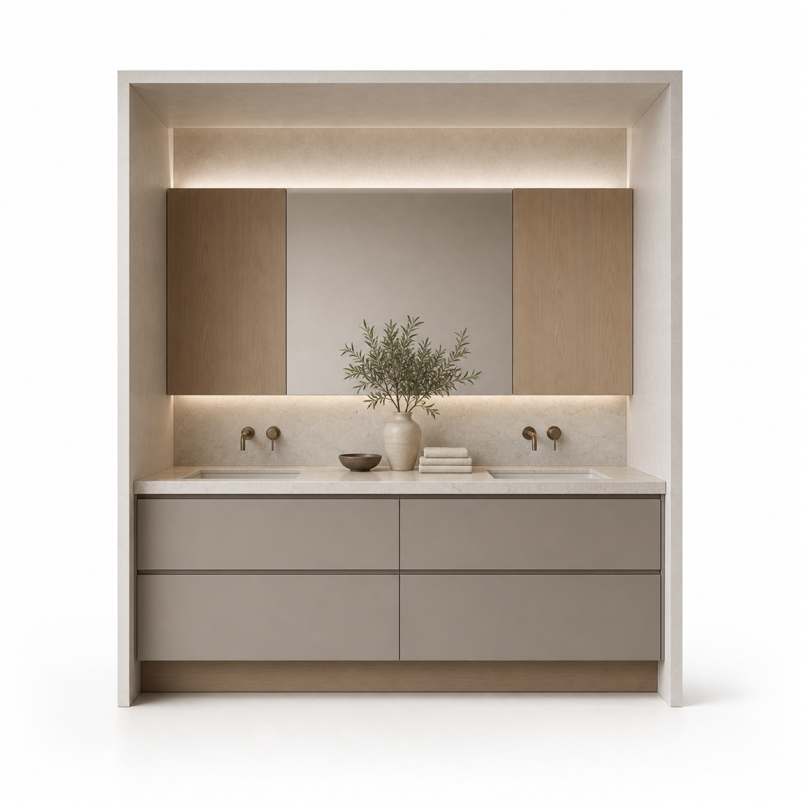 Fadior Verve Bath and Vanity Suite with Limewash Double Basin Alcove — 304 stainless steel bath and vanity system, front view