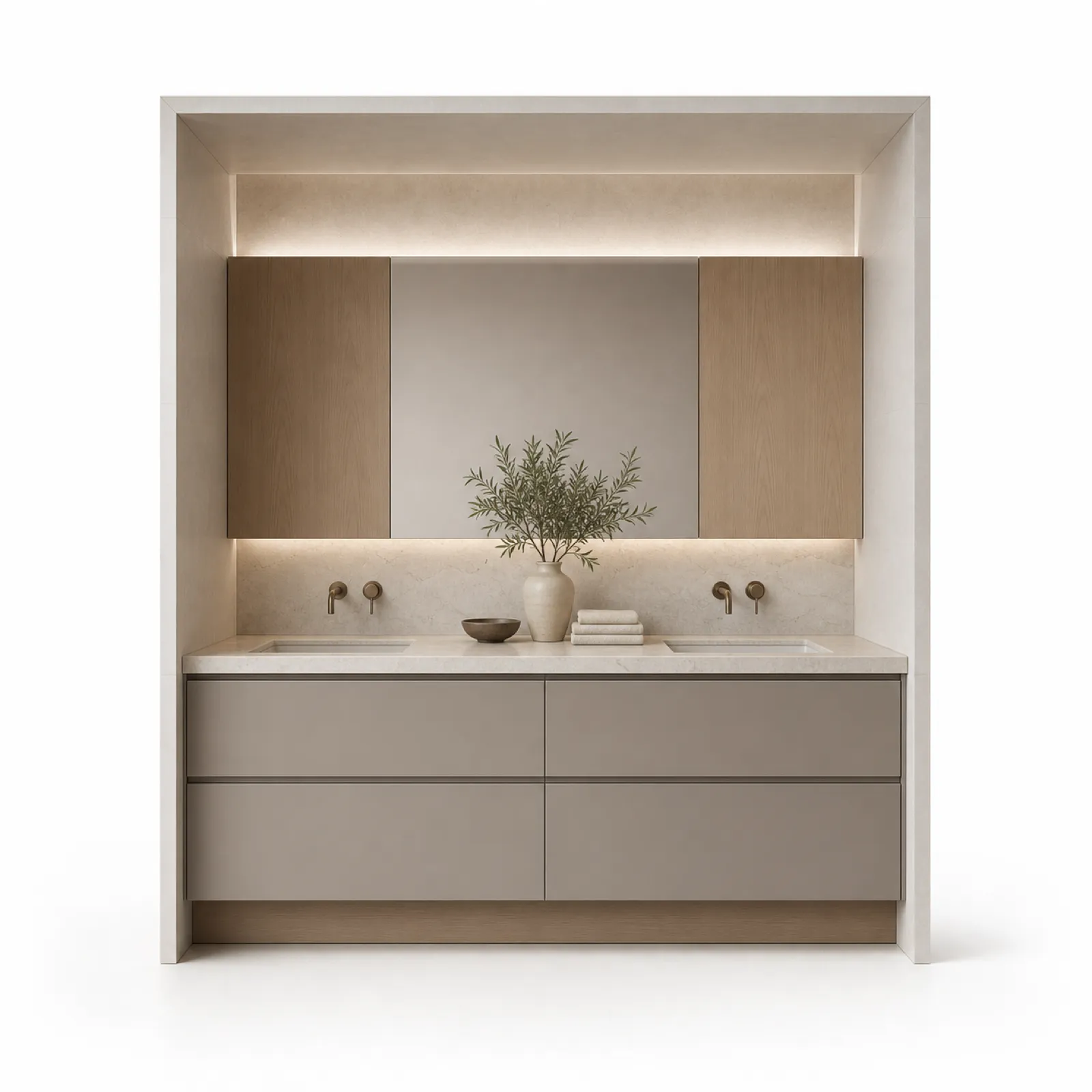Suite de Baño y Tocador Verve con Doble Lavabo en Hornacina Limewash vista principal