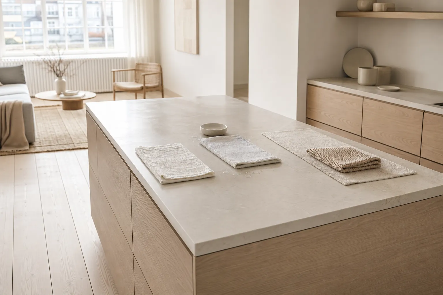 Three-zone kitchen maintenance scene showing cloths, cleaner, and wiped cabinet surfaces.