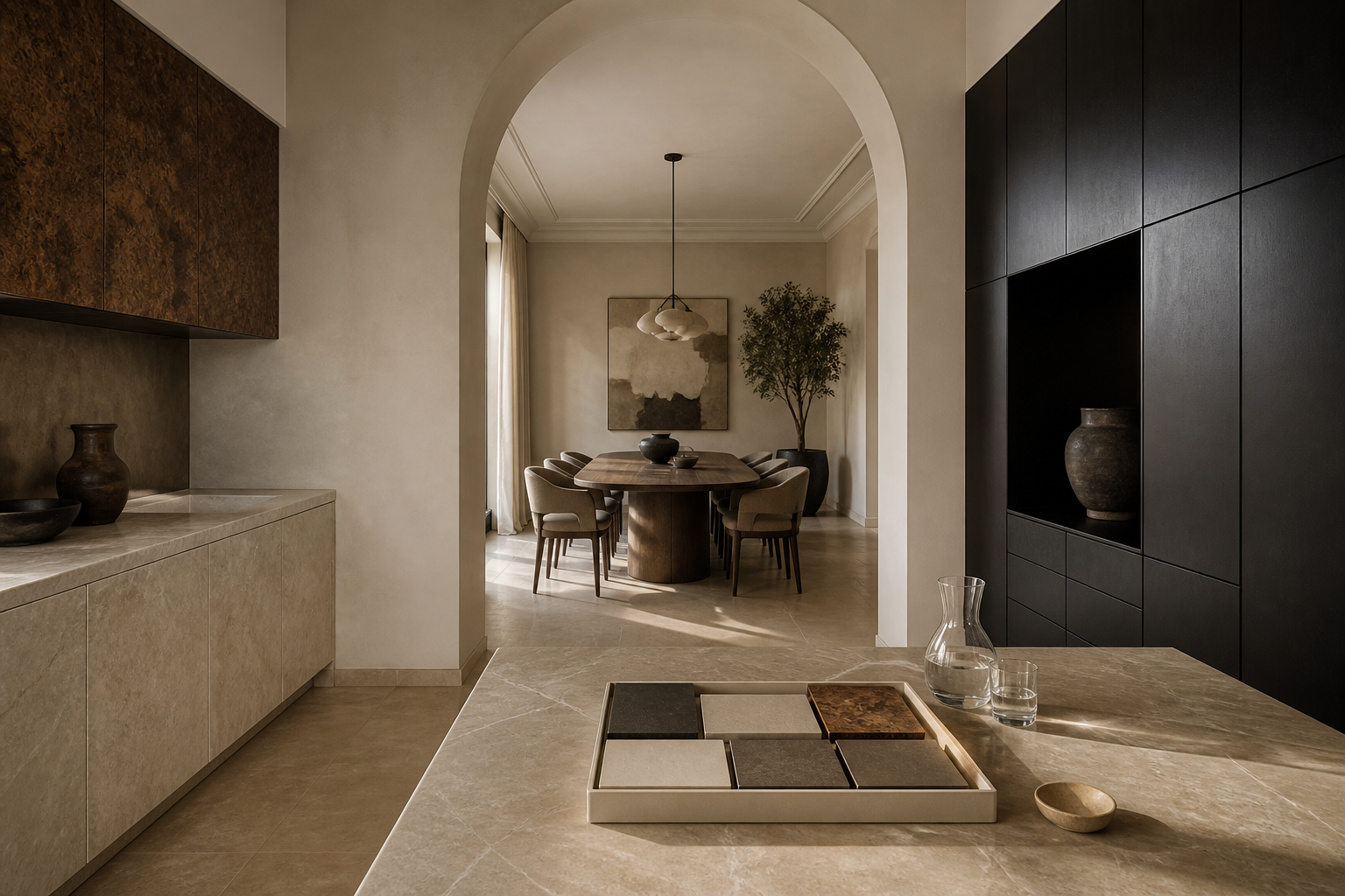 Milan kitchen and dining zones in chamois and parchment tones, a decision comparison for material proof and care choices.