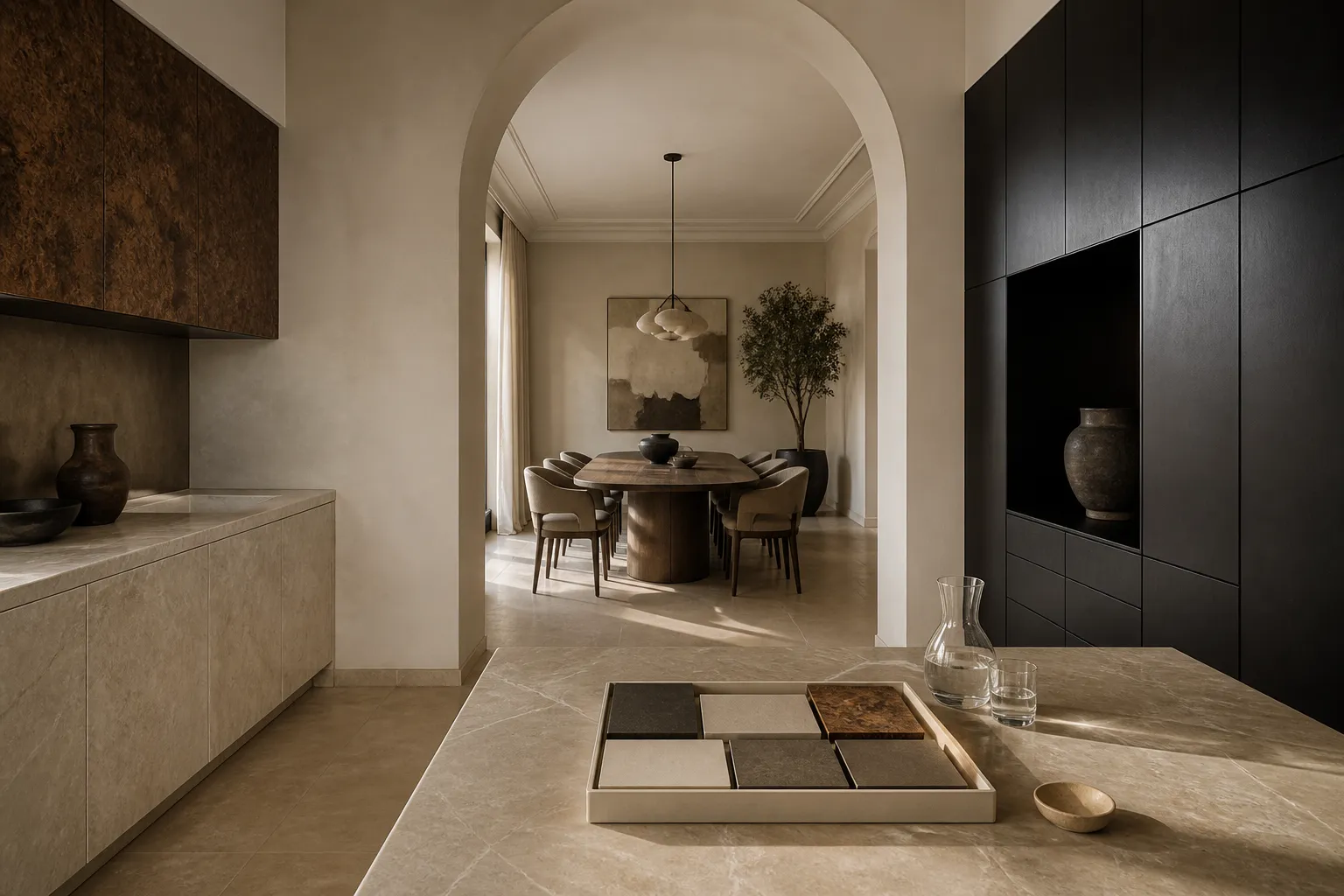 Milan kitchen and dining zones in chamois and parchment tones, a decision comparison for material proof and care choices.