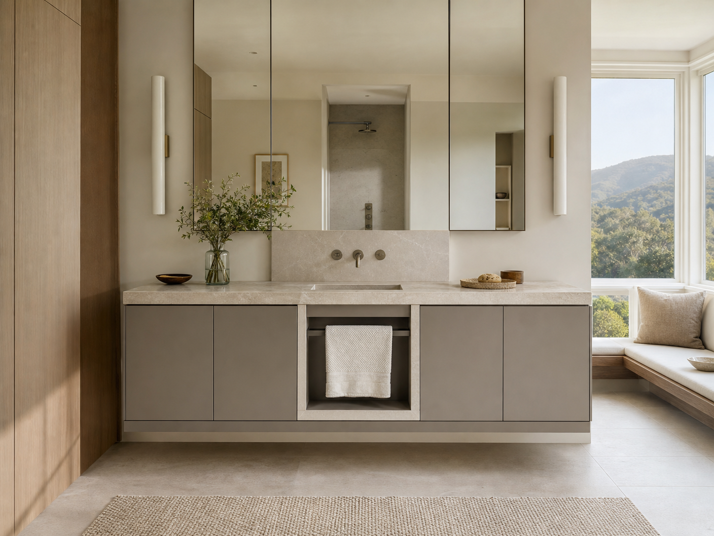 Fadior Nacre Bath and Vanity Suite with Linen Niche Towel Bridge — interior room context showing cabinet integration