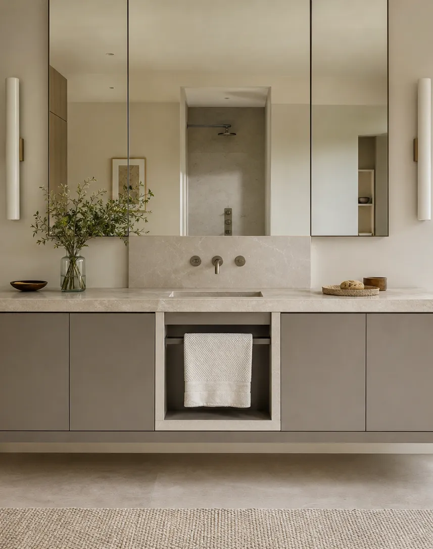 Suite de Baño y Tocador Nacre con Puente de Toallas de Lino en Niche perspectiva interior