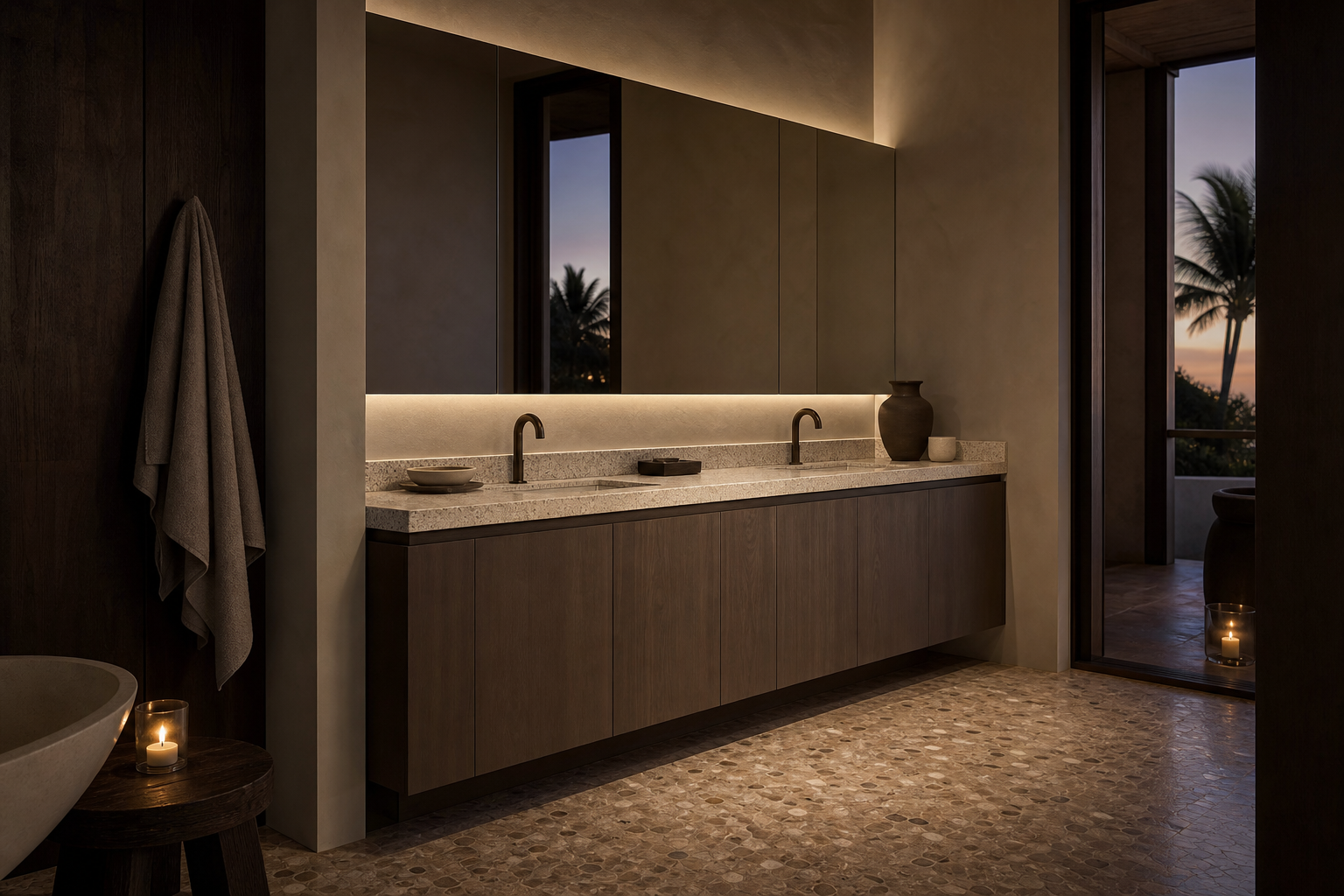 Fadior Solstice Bath and Vanity Suite with Dewpoint Edge Basin Console — interior room context showing cabinet integration