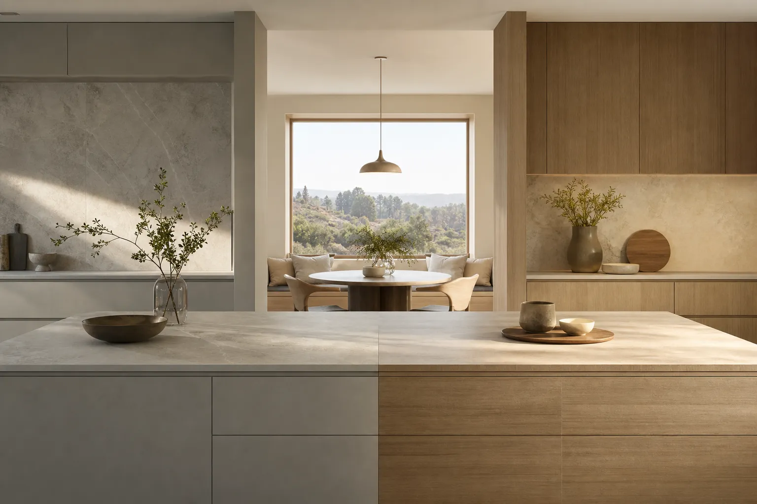 Balanced kitchen decision scene contrasting muted cabinet finishes and warm oak surfaces.