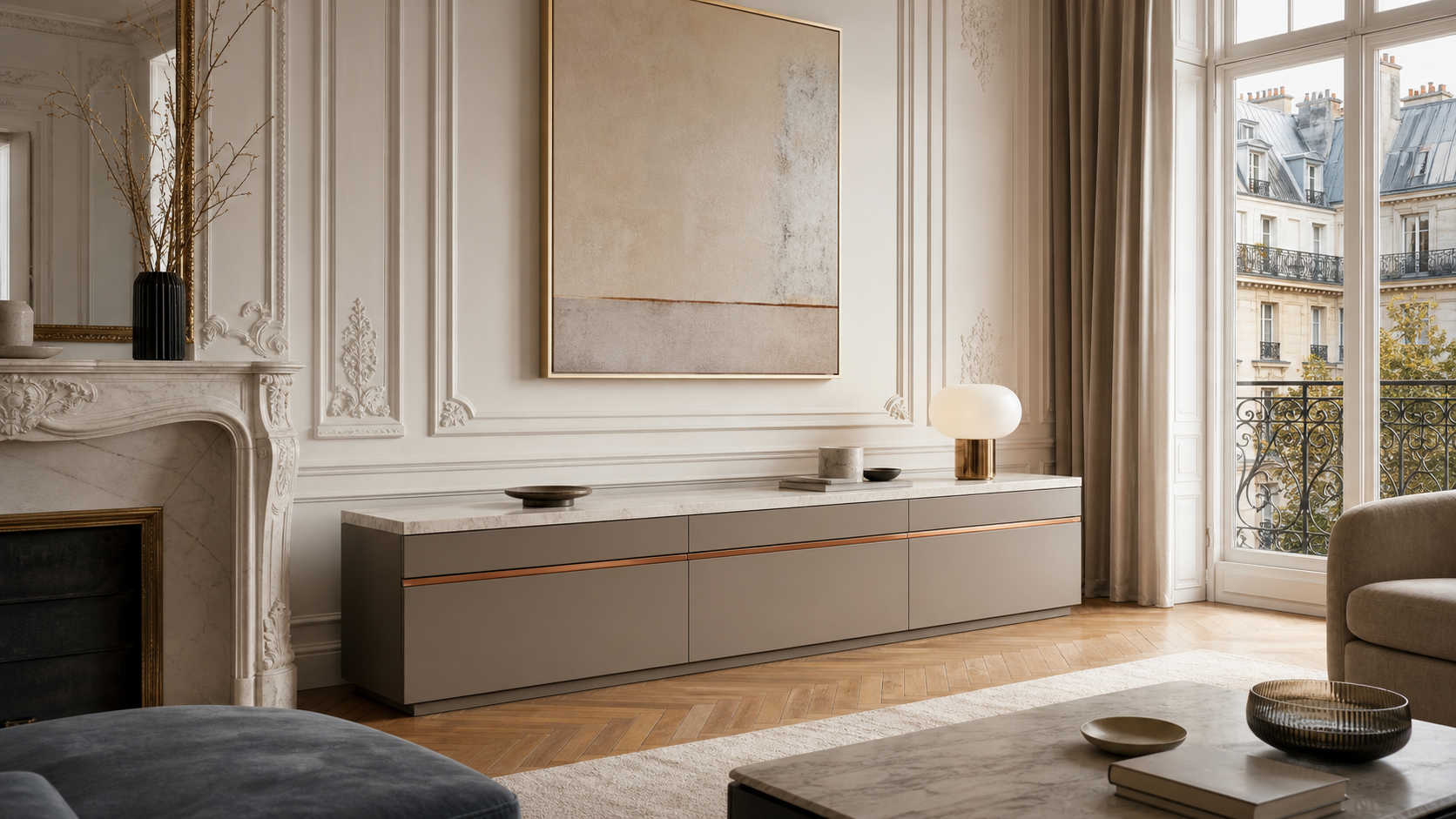 Fadior Galleria Living Room Suite with Waterline Channel Credenza — lifestyle setting with natural light and residential