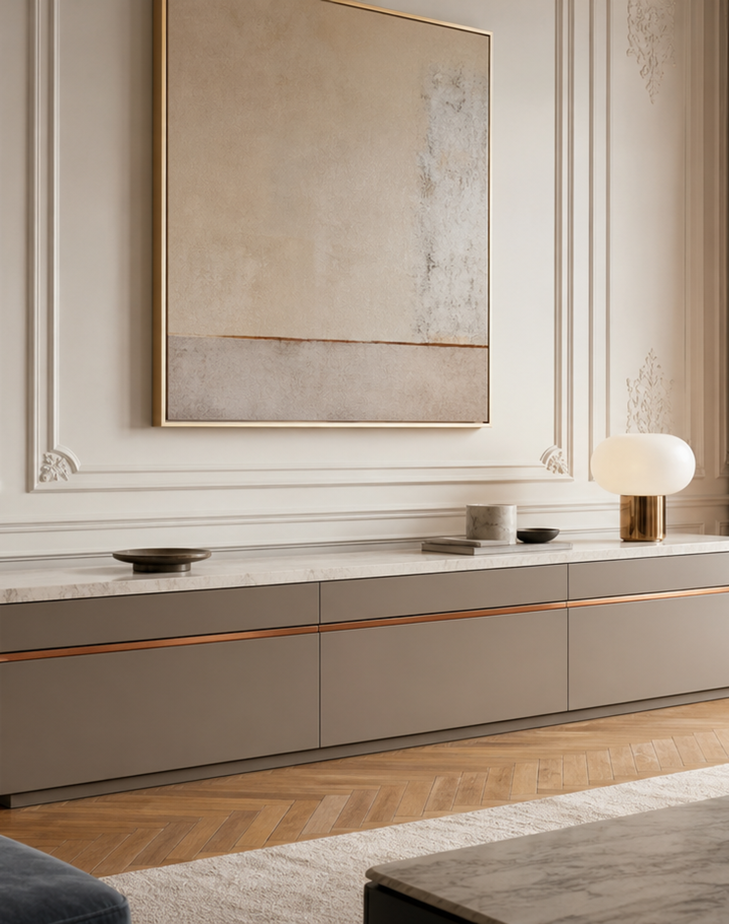 Fadior Galleria Living Room Suite with Waterline Channel Credenza — lifestyle setting with natural light and residential