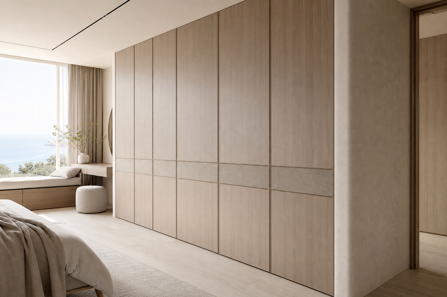 Fadior Radiance Wardrobe Suite with Linen Handle Reveal Wall — interior room context showing cabinet integration