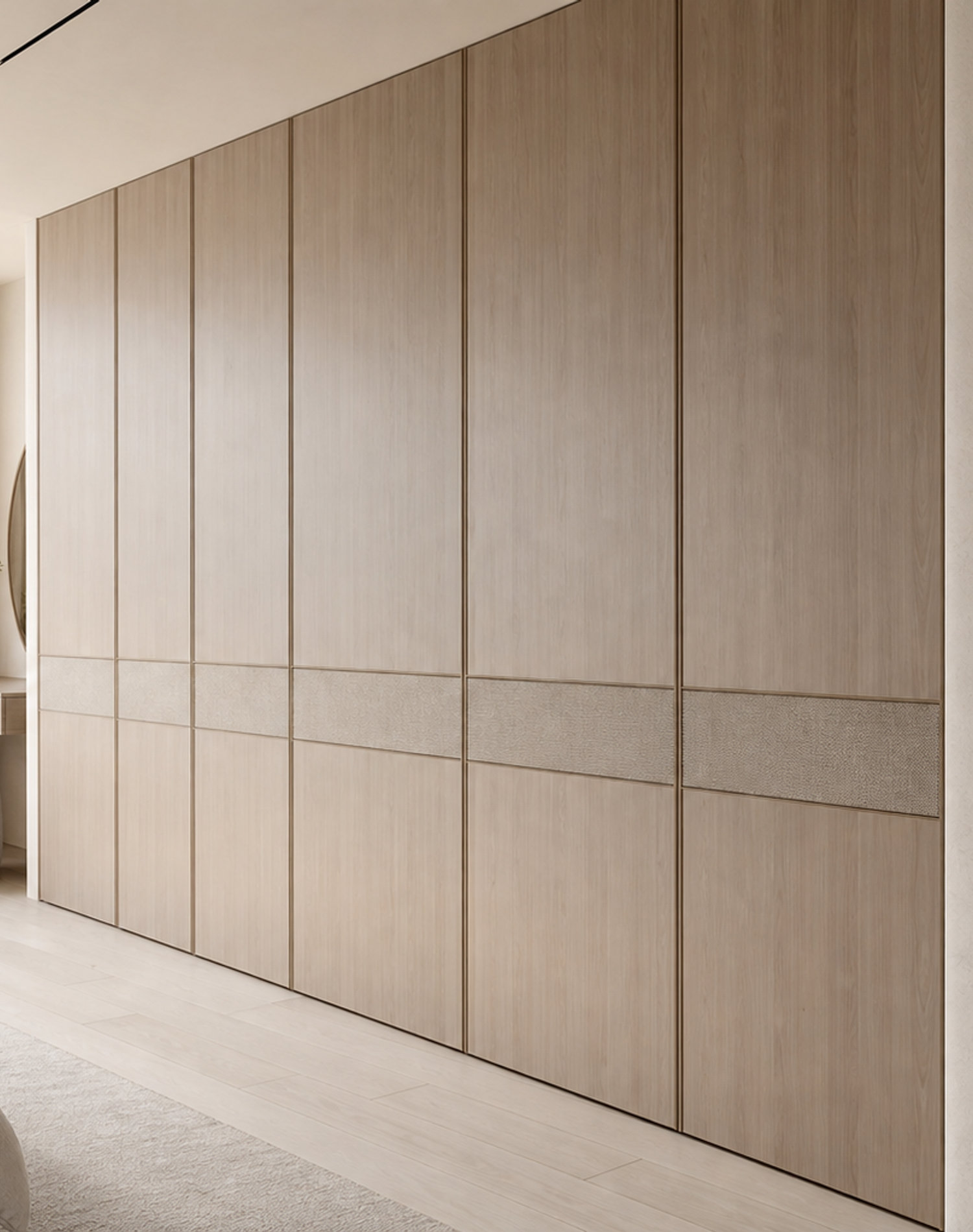 Fadior Radiance Wardrobe Suite with Linen Handle Reveal Wall — interior room context showing cabinet integration